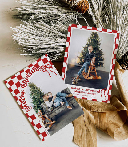 Retro Checkered Christmas card Front and Back with Arched Photo By High Peaks Studios LLC