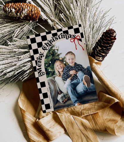 Retro Checkered Christmas card Front side with Arched Photo By High Peaks Studios LLC, Black color option