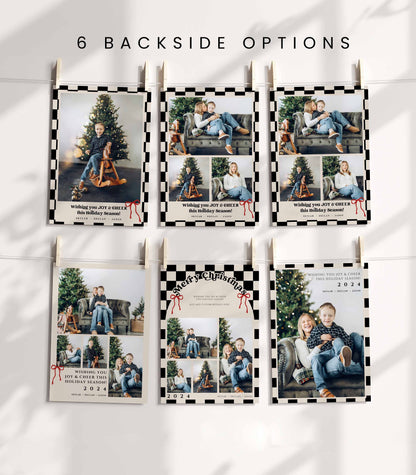 Vintage Bow and Checkered Photo Christmas Card Template - High Peaks Studios