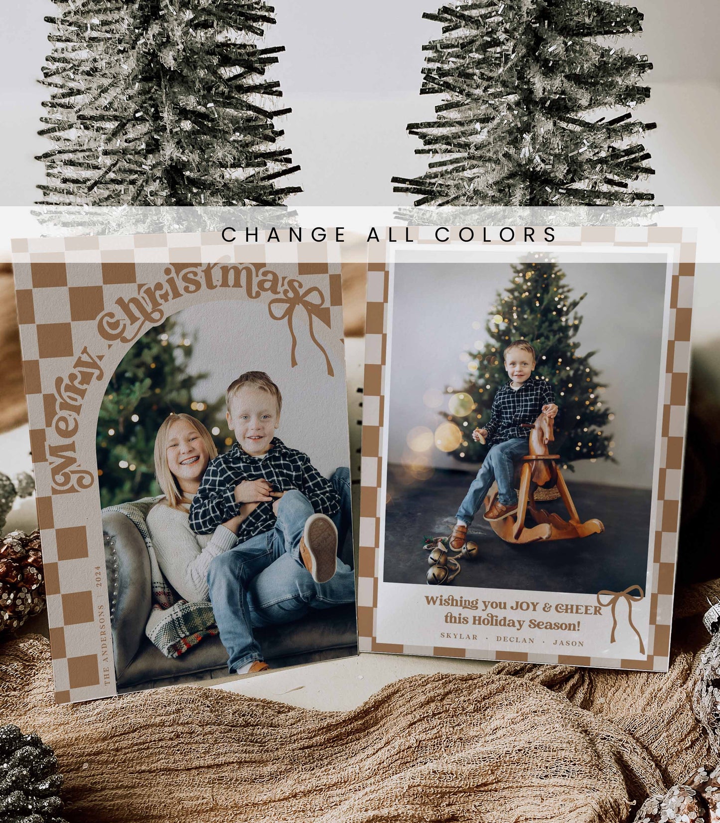 Vintage Bow and Checkered Photo Christmas Card Template - High Peaks Studios