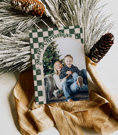 Retro Checkered Christmas card Front side with Arched Photo By High Peaks Studios LLC, Evergreen color option