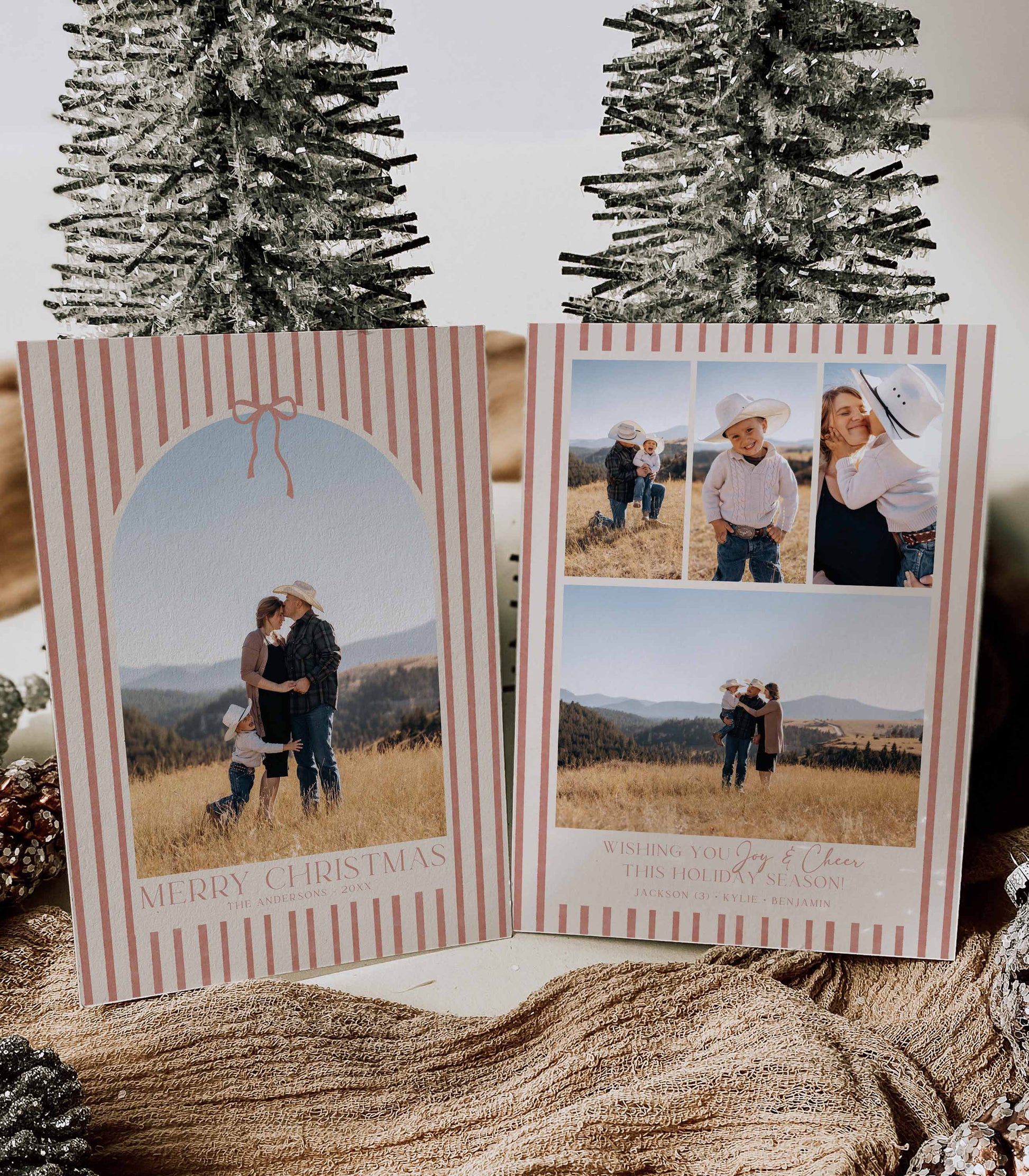 Front and Back Christmas cards with striped borders and family photos on a textured surface with decorative trees.