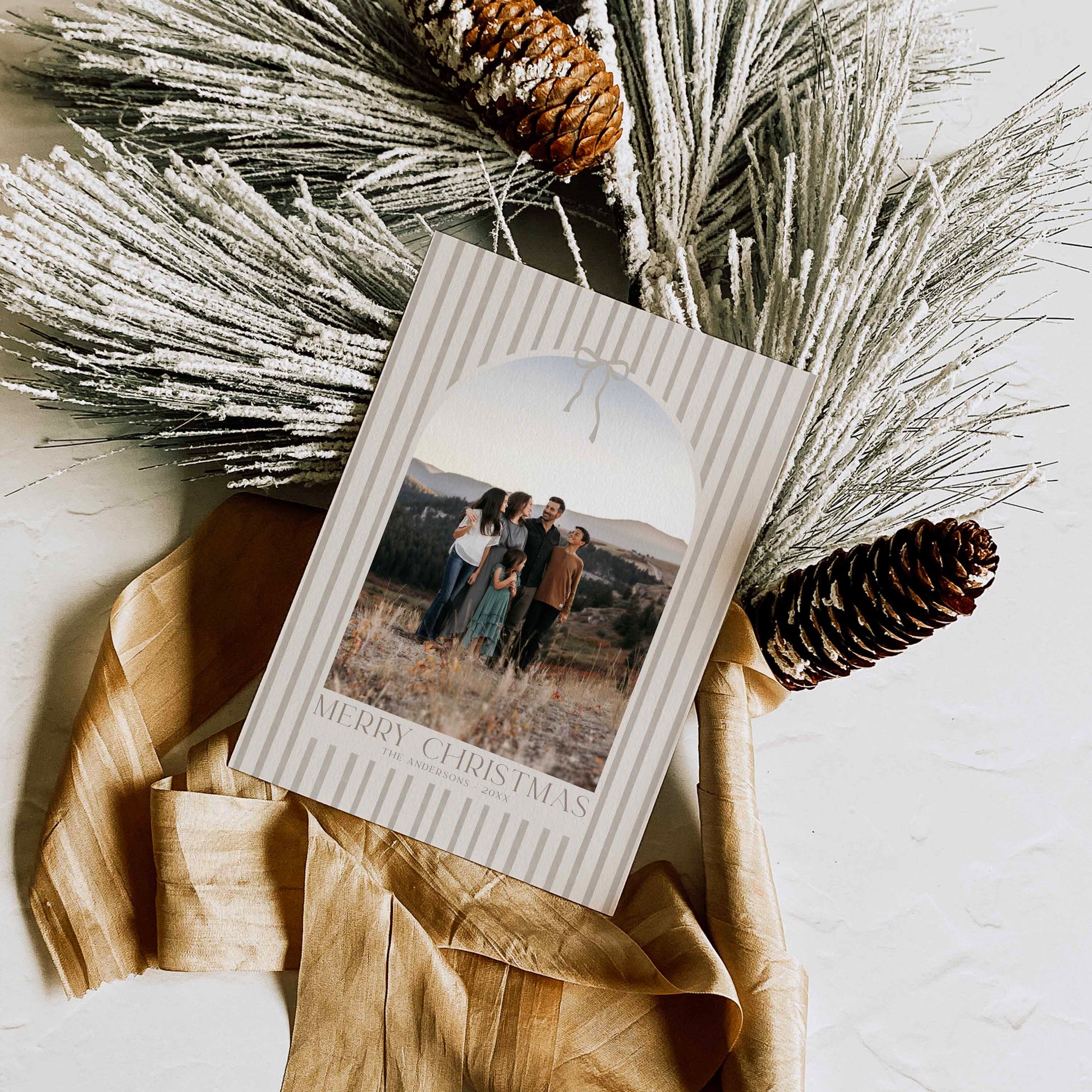 Christmas card with a photo of a family on a snowy landscape, surrounded by decorative branches and pinecones.
