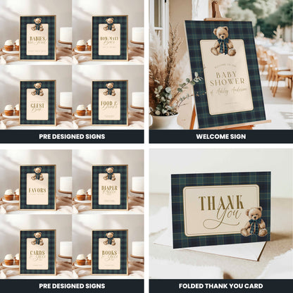 Collection of baby shower signs with teddy bear graphics on a plaid background.