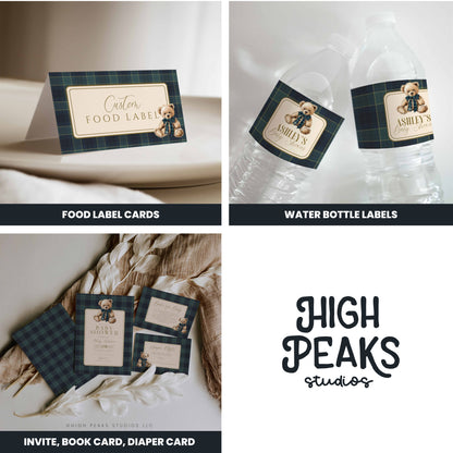 Collection of personalized labels for food, water bottles, and cards with 'High Peaks Studios' branding.