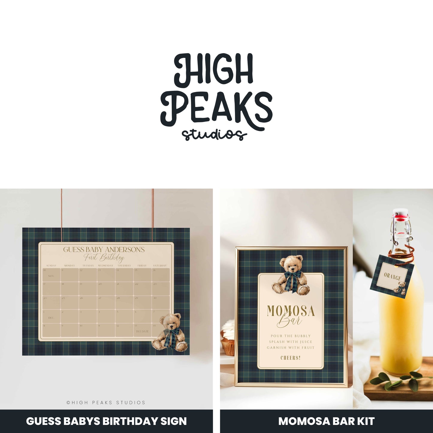High Peaks Studios products including a birthday sign and momosa bar kit on a white background.