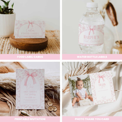 Floral Toile and Pink Bow First Birthday Bundle by High Peaks Studios