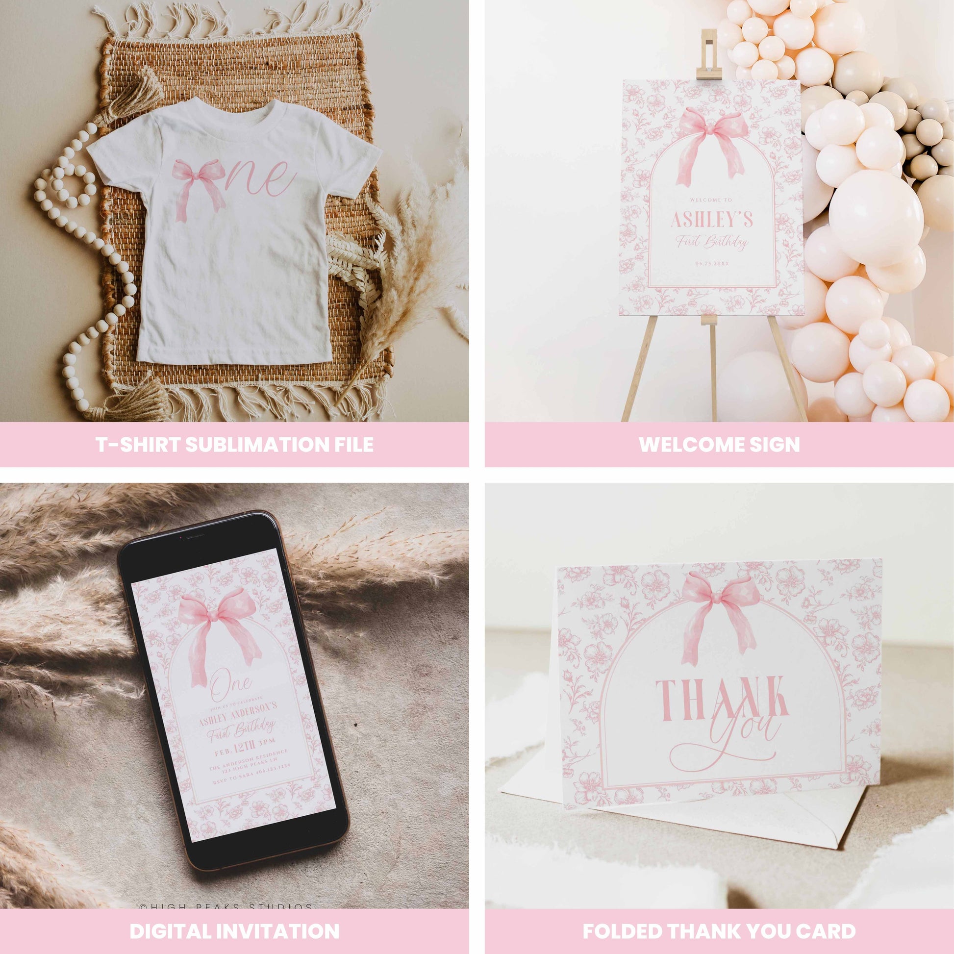Floral Toile and Pink Bow First Birthday Bundle by High Peaks Studios