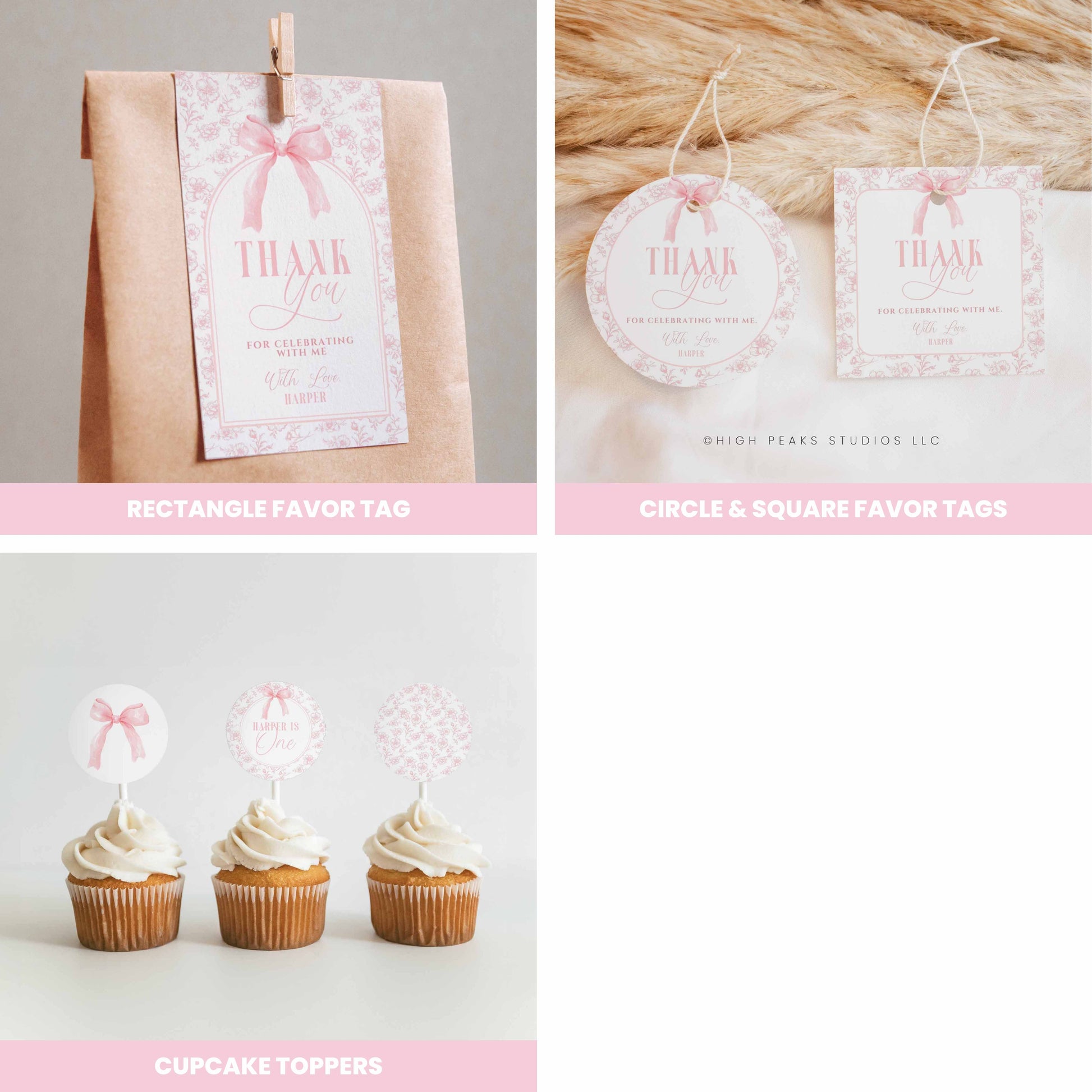 Floral Toile and Pink Bow First Birthday Bundle by High Peaks Stuidos