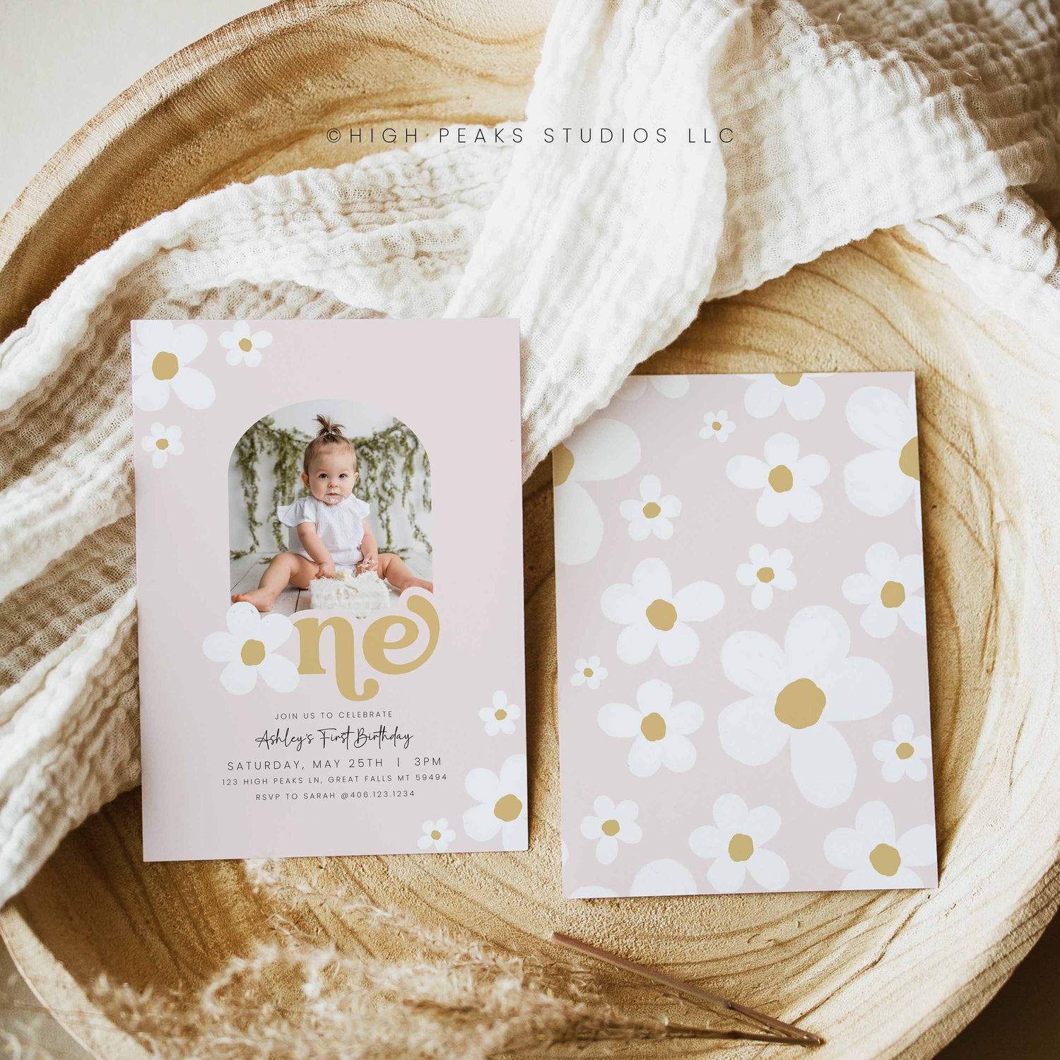 Daisy First Birthday Invitation With Arched Photo by High Peaks Studios