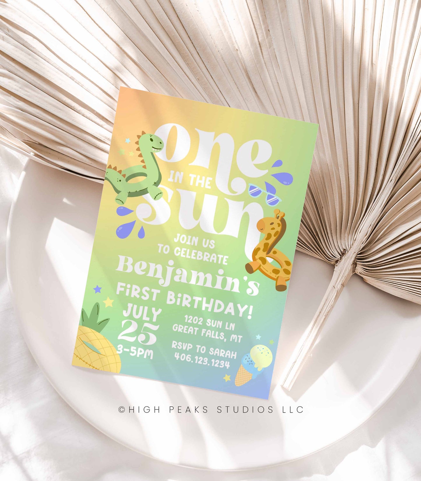 One In The Sun First Birthday Invitation Boy - High Peaks Studios