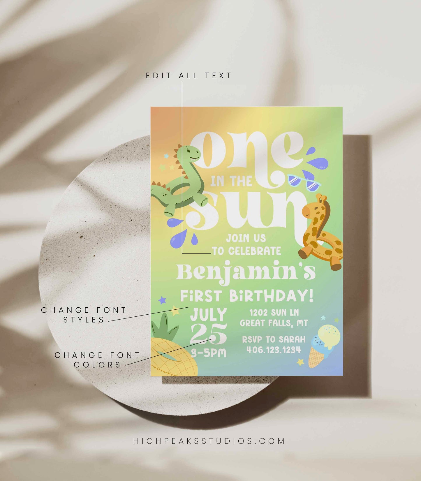 One In The Sun First Birthday Invitation Boy - High Peaks Studios