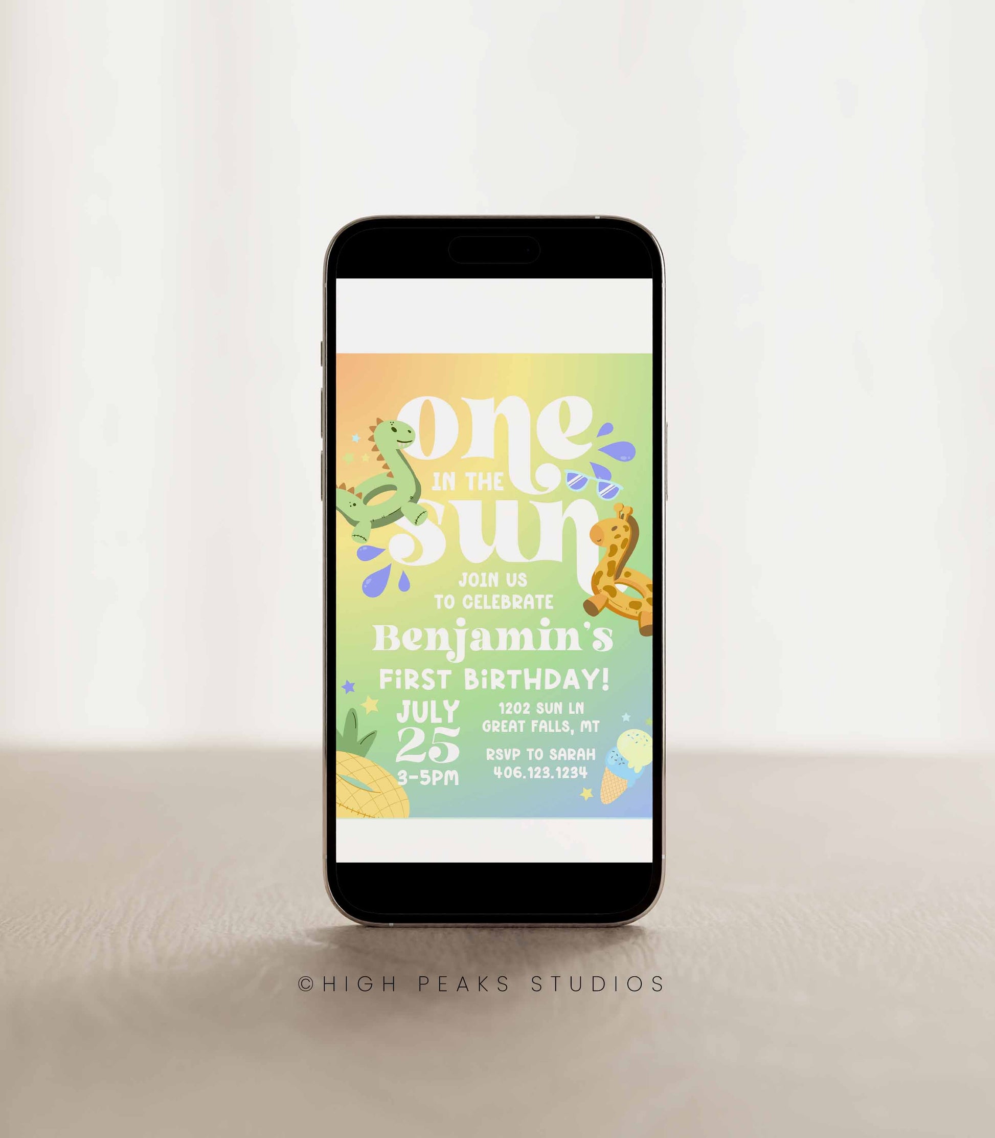 One In The Sun First Birthday Invitation Boy - High Peaks Studios