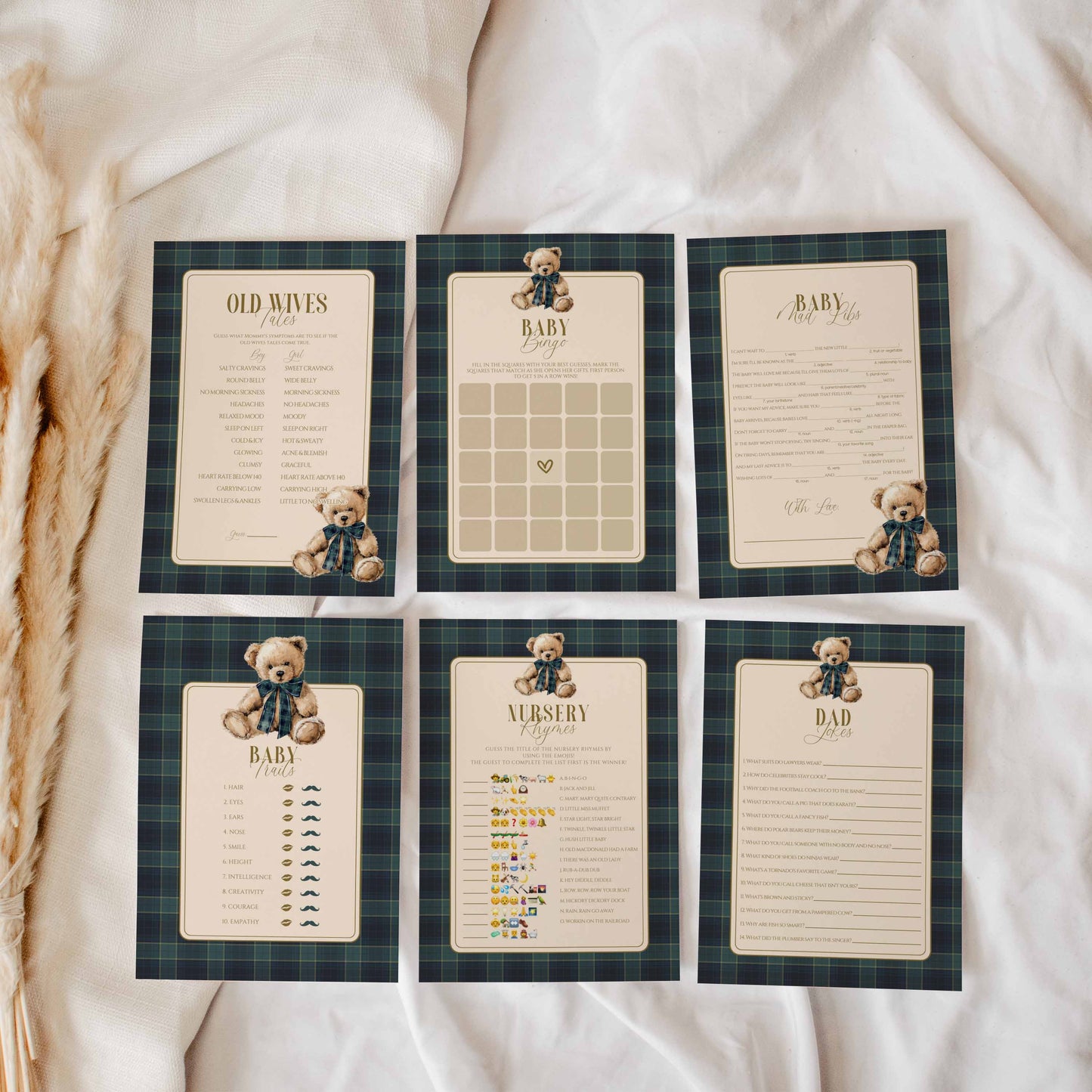 Set of six baby shower game cards with teddy bear illustrations on a plaid background
