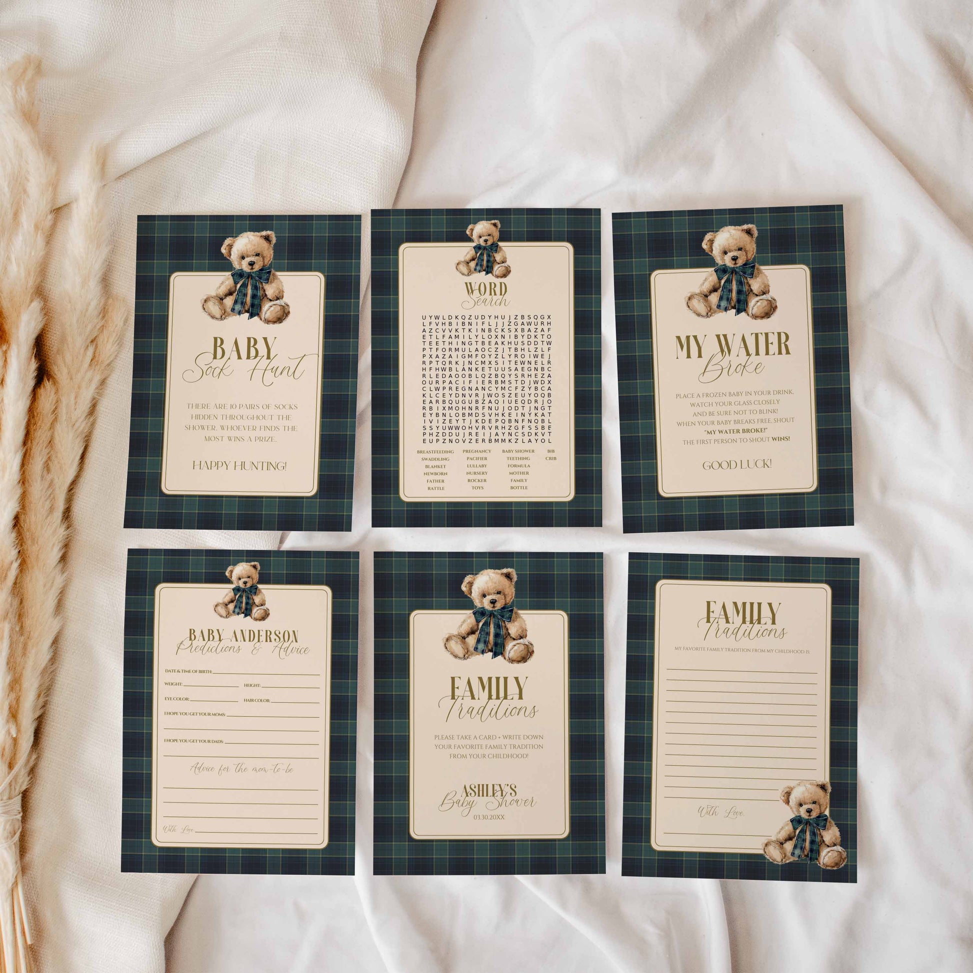 Set of baby shower games with teddy bear illustrations on a plaid patterned background.