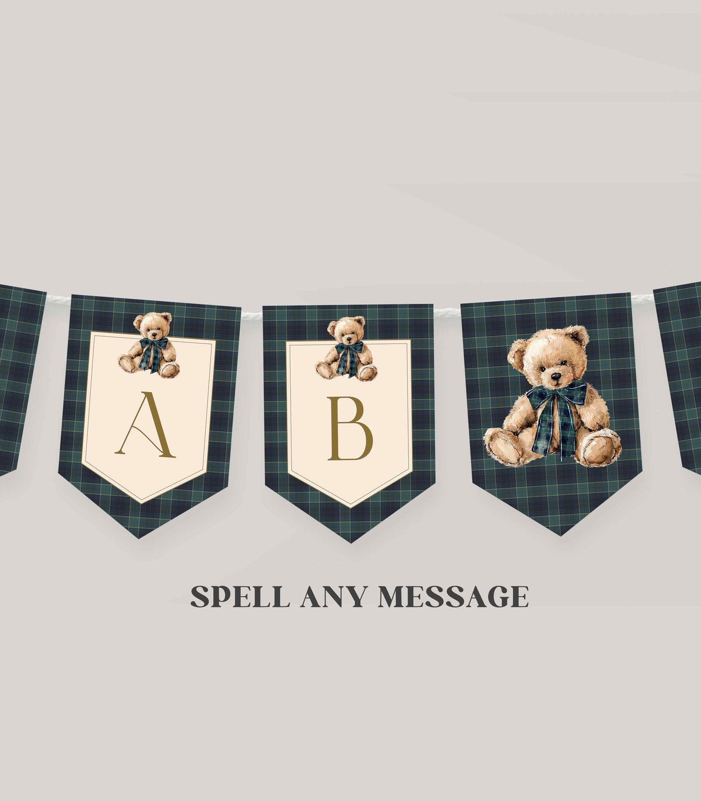 Decorative banner with teddy bears and plaid patterns on a light gray background