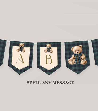 Decorative banner with teddy bears and plaid patterns on a light gray background