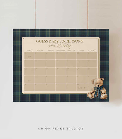 Calendar for guessing baby's first birthday with a teddy bear on a plaid background, credited to High Peaks Studios.