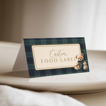 Custom food label with a teddy bear design on a plaid background