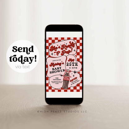 Phone displaying a vintage-style baby shower invitation with a red and white checkered border.
