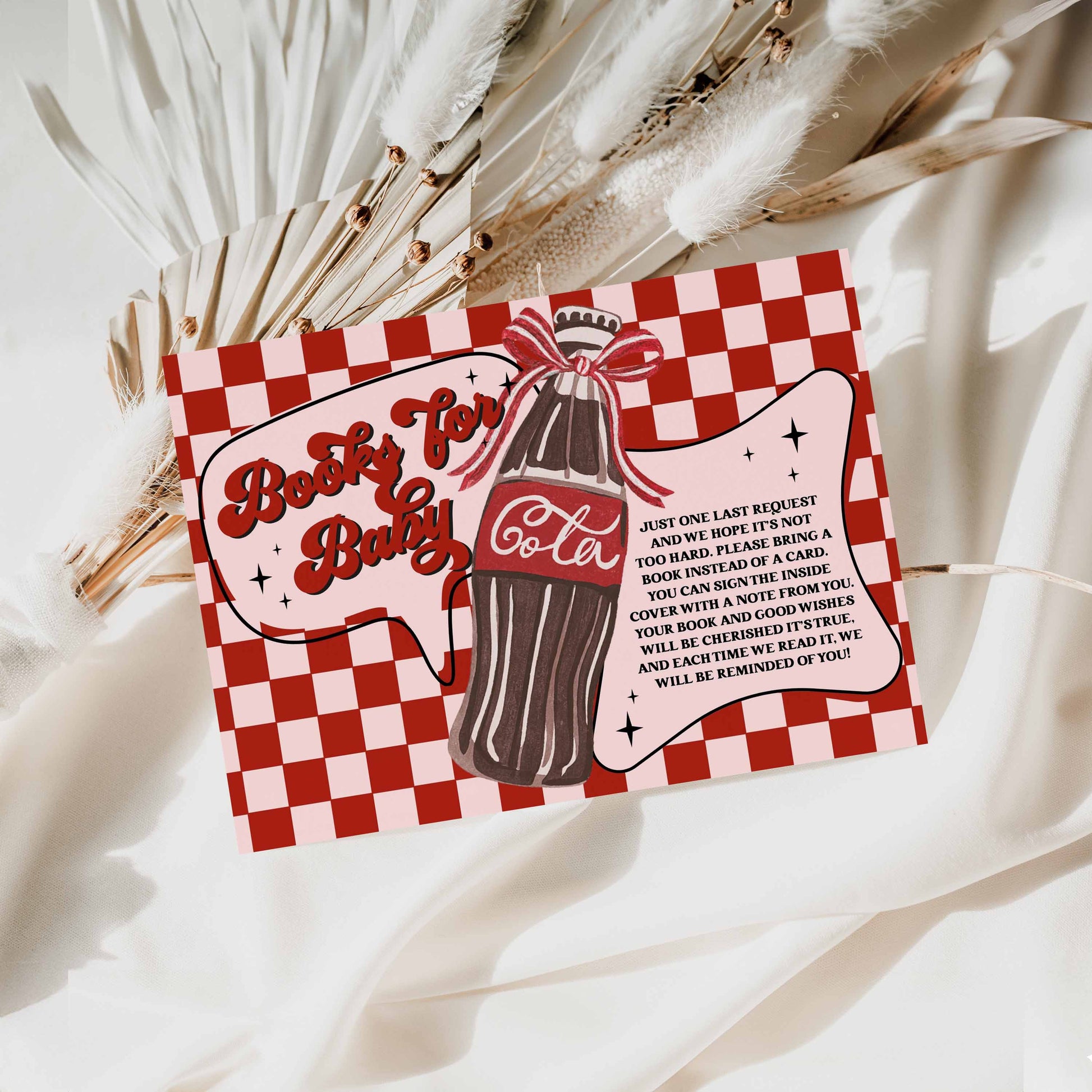Books for baby Checkered card with cola bottle illustration and text on a light background