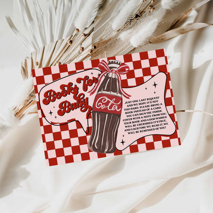 Books for baby Checkered card with cola bottle illustration and text on a light background