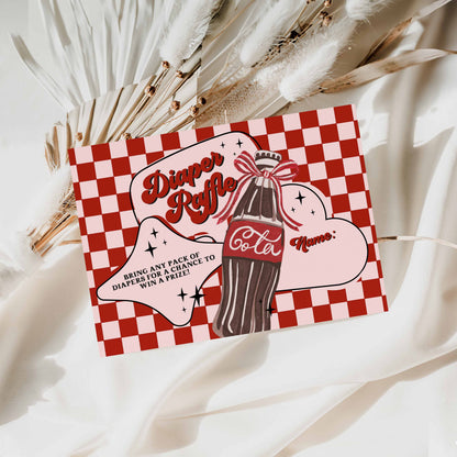 Diaper raffle ticket with Cola bottle design on a checkered background