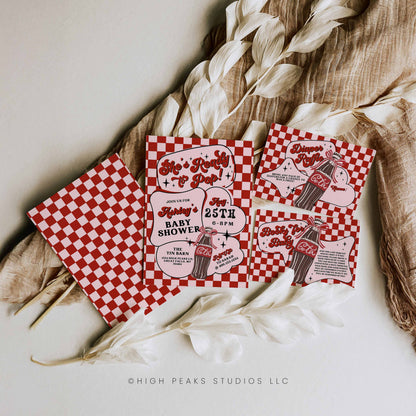 She's Ready to Pop Retro 3 Card Baby Shower Invitation Set featuring invitation, book card, and diaper raffle card