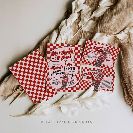 She's Ready to Pop Retro 3 Card Baby Shower Invitation Set featuring invitation, book card, and diaper raffle card