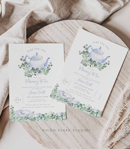 Greenery Tea Party Baby Shower Invitation Blue - High Peaks Studios