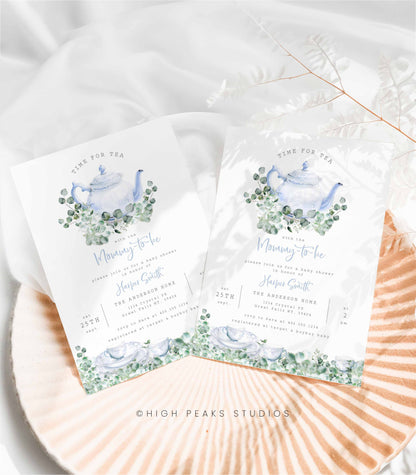 Greenery Tea Party Baby Shower Invitation Blue - High Peaks Studios