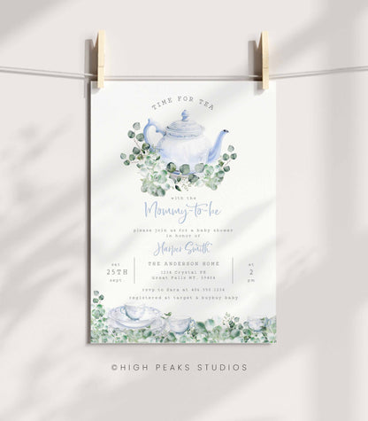 Greenery Tea Party Baby Shower Invitation Blue - High Peaks Studios