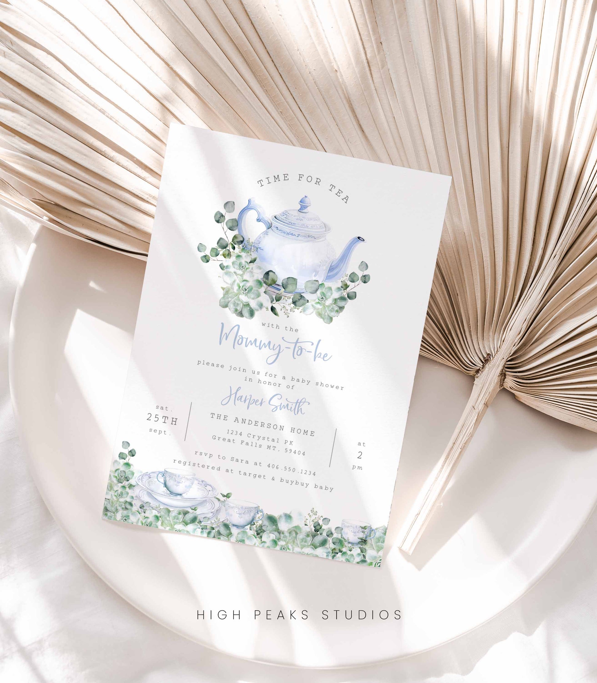 Greenery Tea Party Baby Shower Invitation Blue - High Peaks Studios