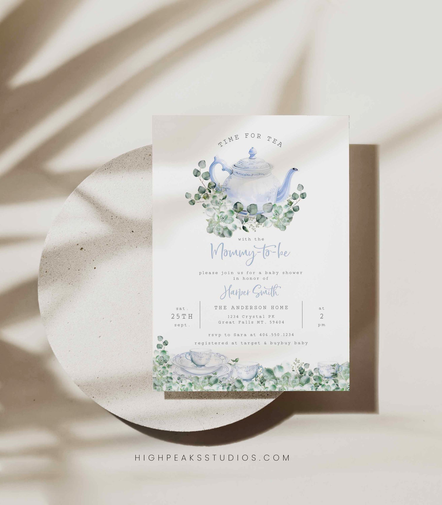 Greenery Tea Party Baby Shower Invitation Blue - High Peaks Studios