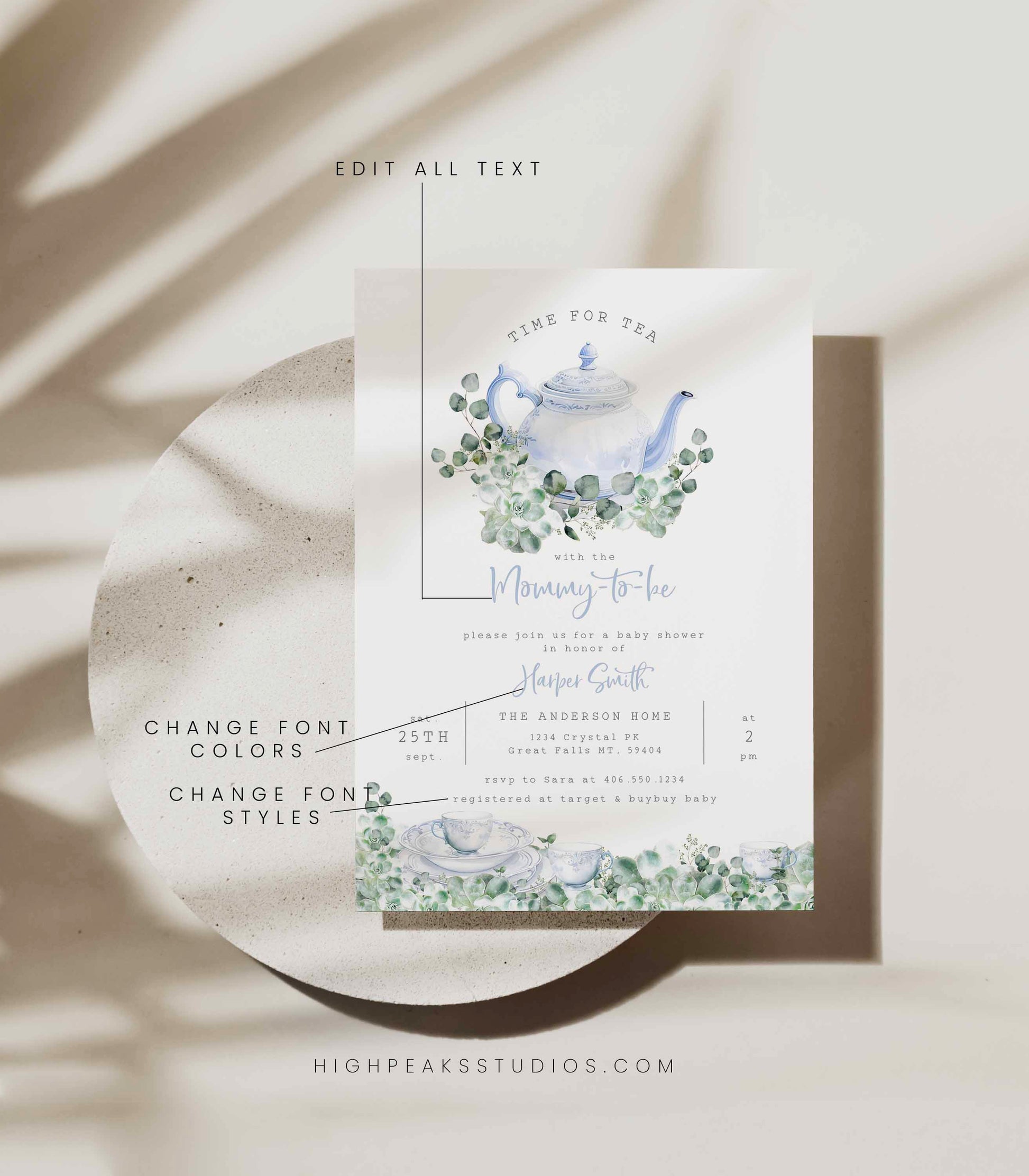 Greenery Tea Party Baby Shower Invitation Blue - High Peaks Studios