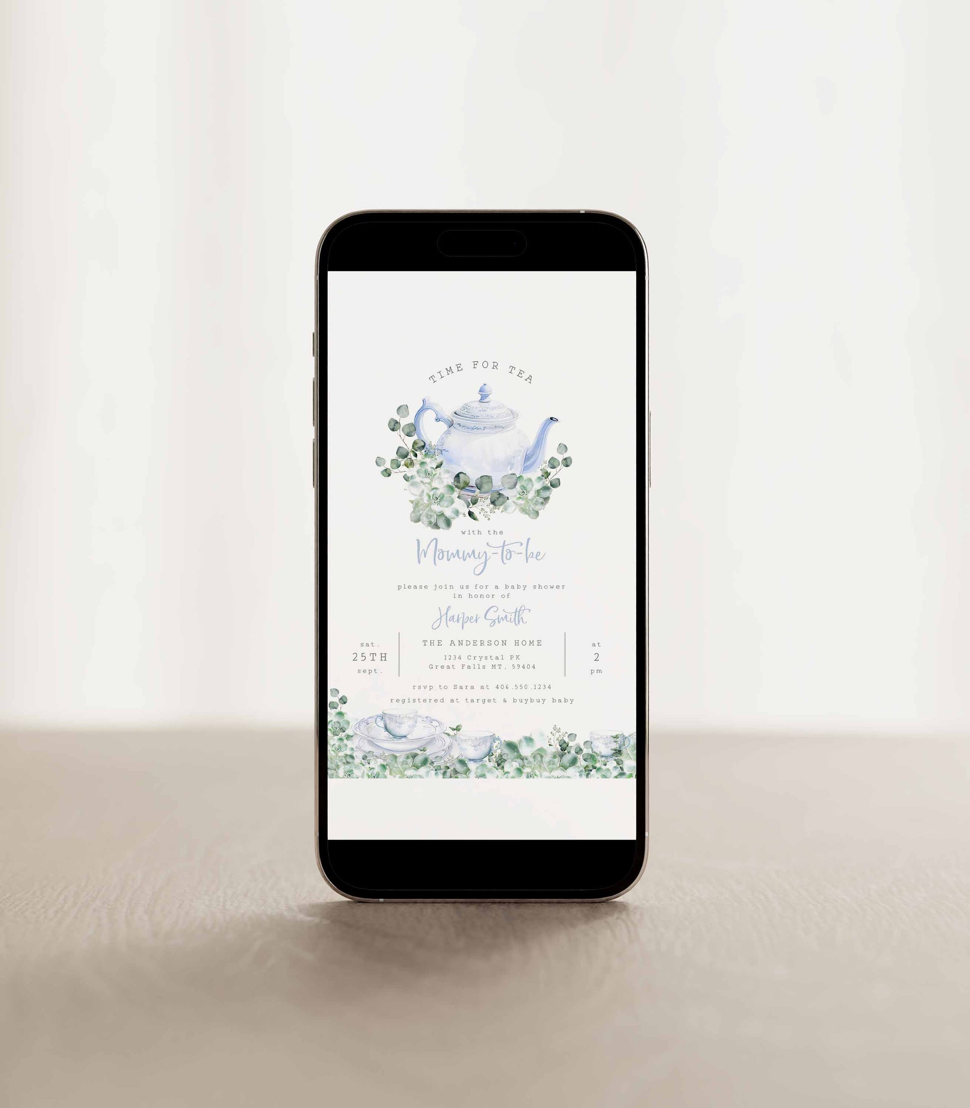 Greenery Tea Party Baby Shower Invitation Blue - High Peaks Studios