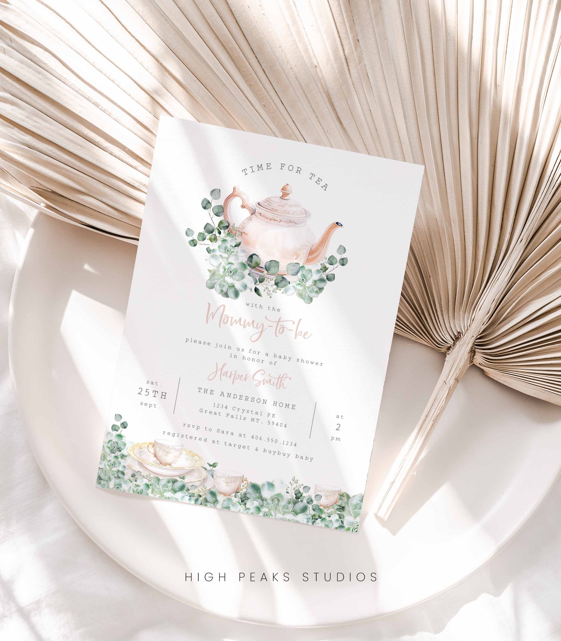 Greenery Tea Party Baby Shower Invitation - High Peaks Studios