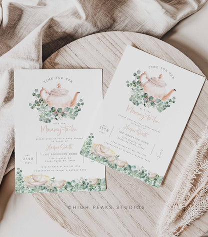 Greenery Tea Party Baby Shower Invitation - High Peaks Studios