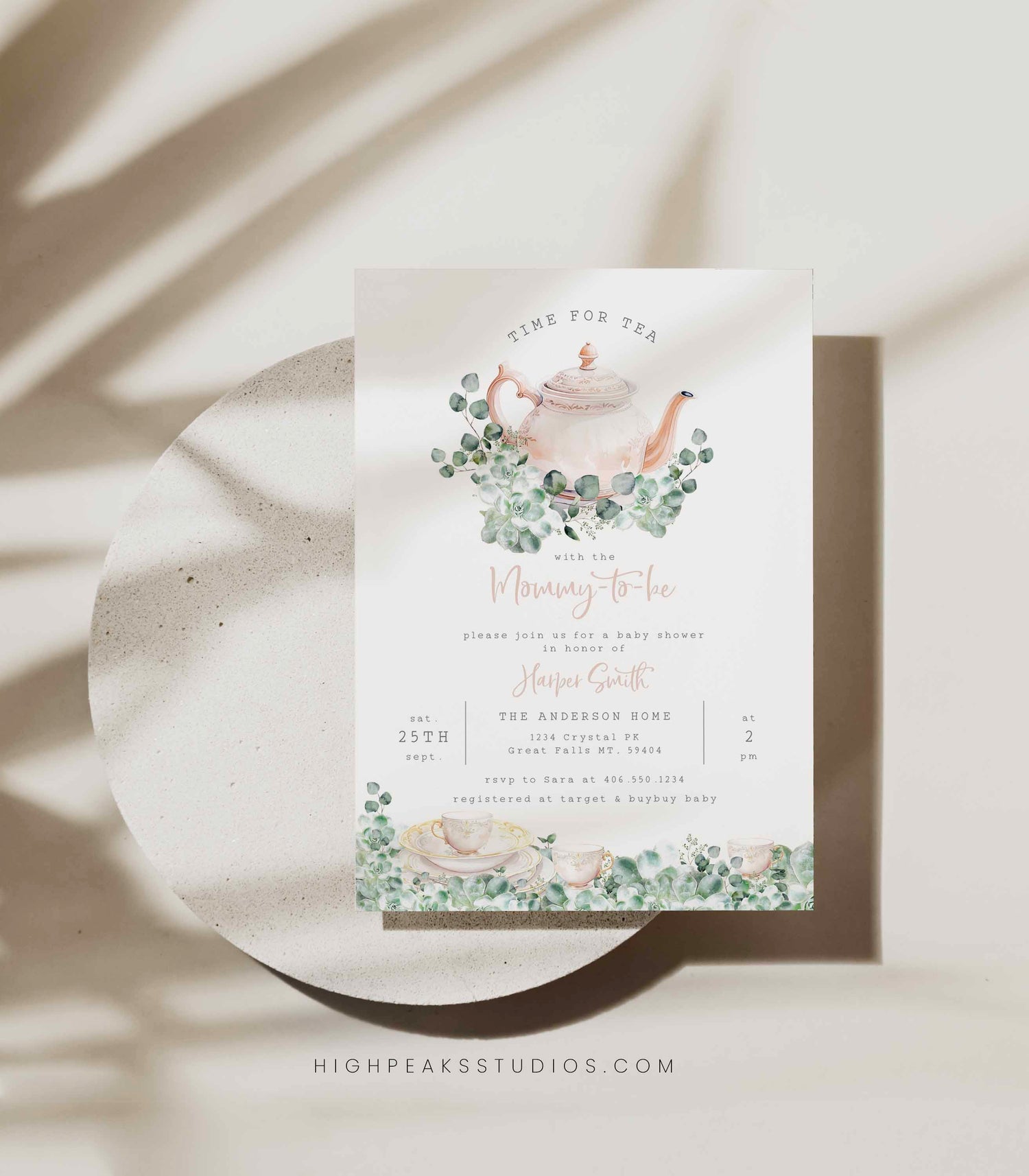 Greenery Tea Party Baby Shower Invitation - High Peaks Studios