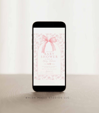 Vintage Dusty Pink Bow Floral Toile Baby Shower Invitation - High Peaks Studios