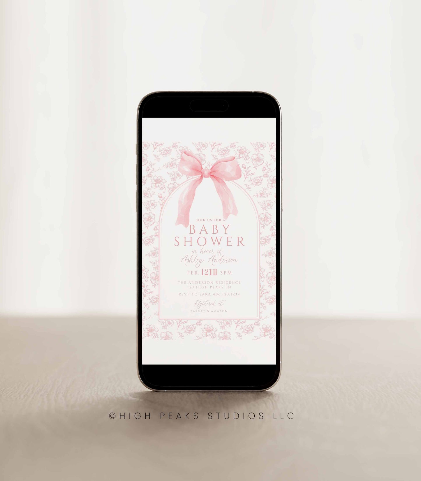 Vintage Dusty Pink Bow Floral Toile Baby Shower Invitation Template by High Peaks Studios