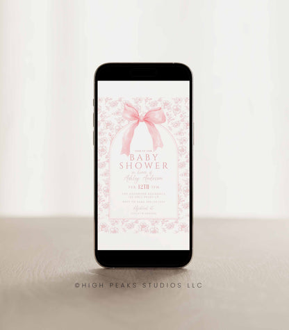 Vintage Dusty Pink Bow Floral Toile Baby Shower Invitation Template by High Peaks Studios