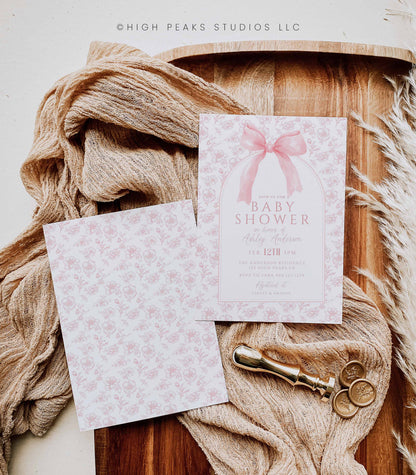 Vintage Dusty Pink Bow Floral Toile Baby Shower Invitation Template by High Peaks Studios