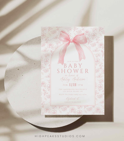 Vintage Dusty Pink Bow Floral Toile Baby Shower Invitation Template by High Peaks Studios