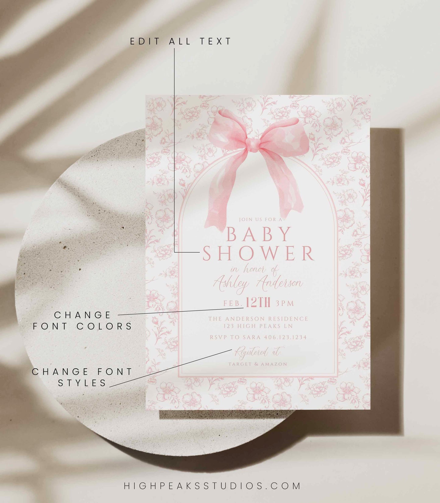 Vintage Dusty Pink Bow Floral Toile Baby Shower Invitation Template by High Peaks Studios