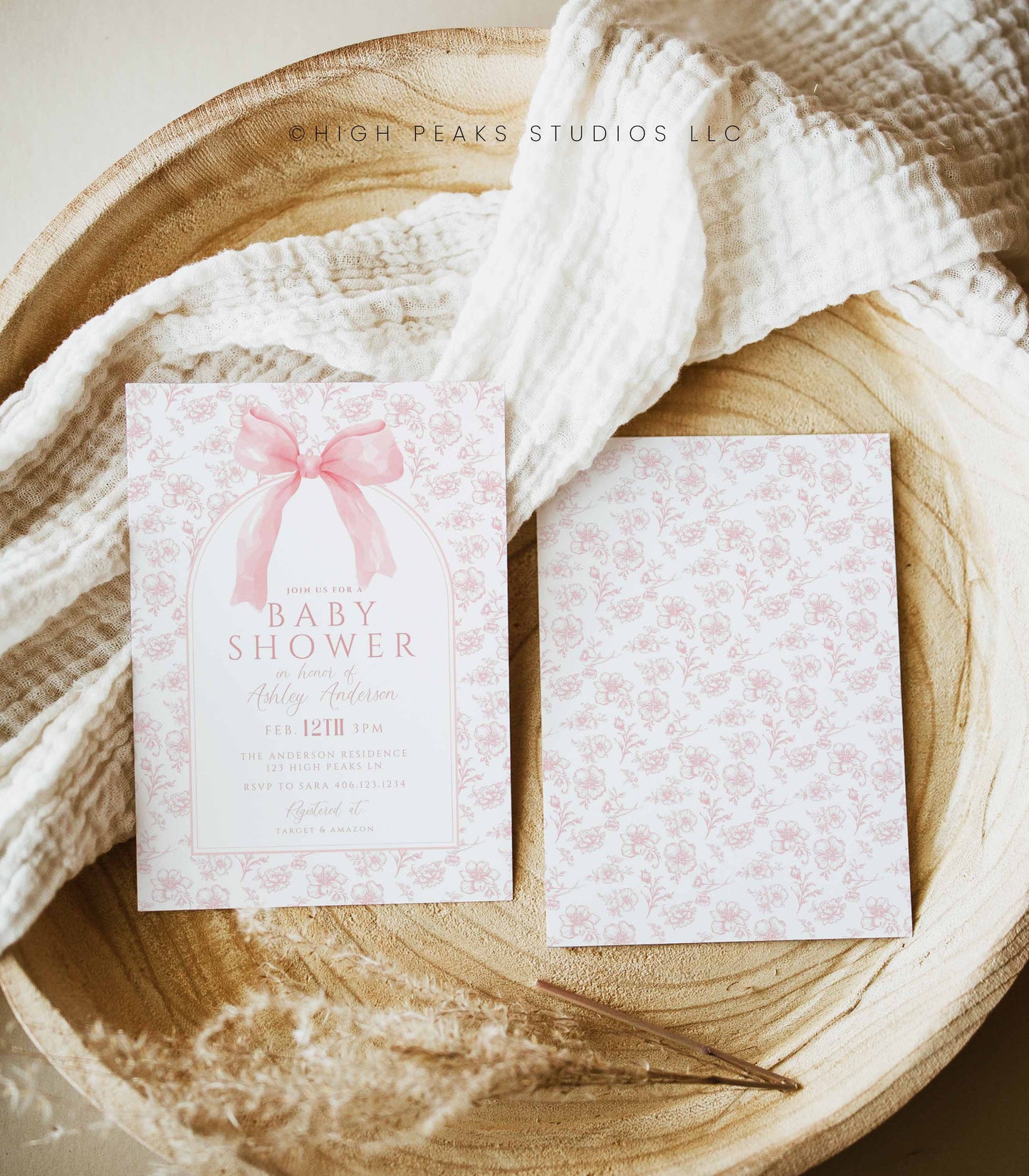 Vintage Dusty Pink Bow Floral Toile Baby Shower Invitation Template by High Peaks Studios