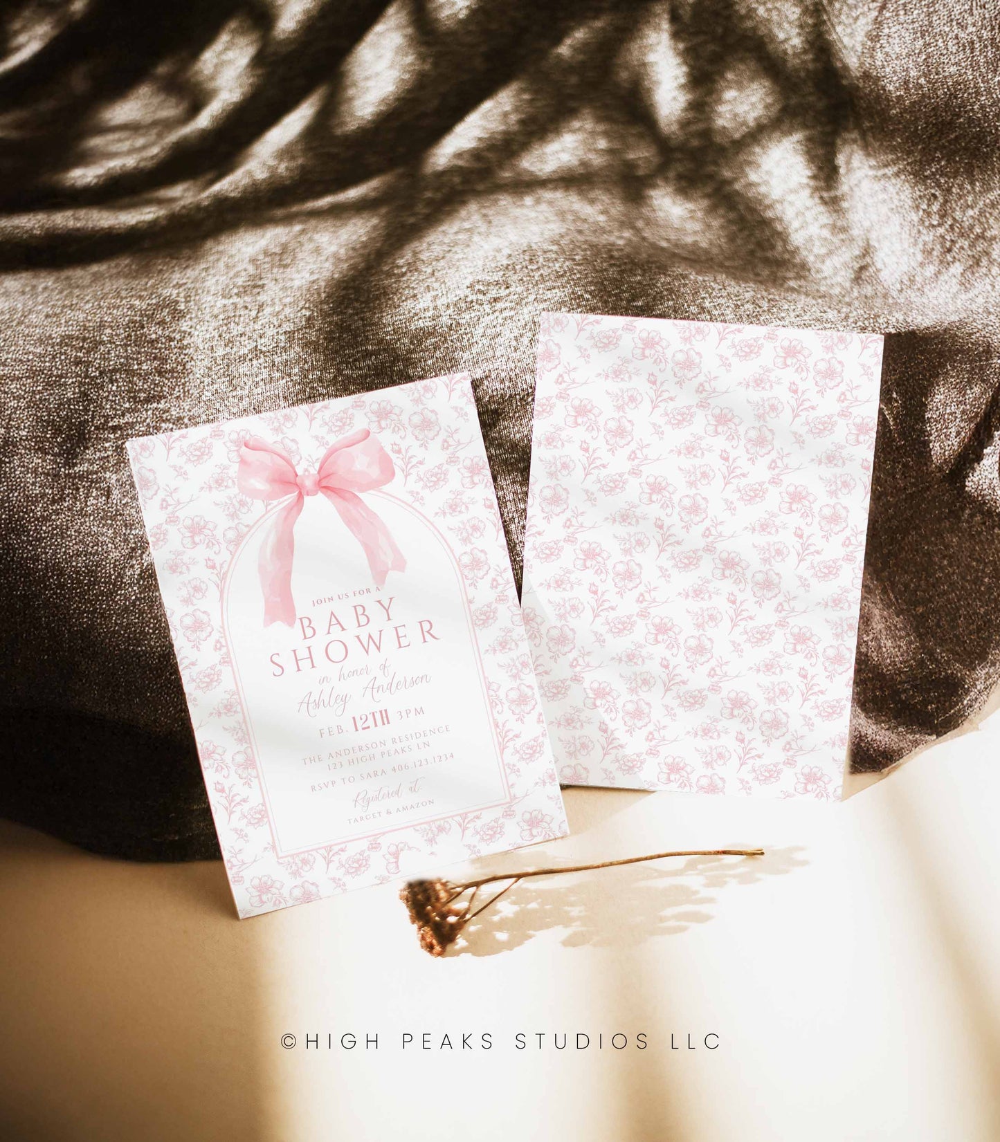 Vintage Dusty Pink Bow Floral Toile Baby Shower Invitation Template by High Peaks Studios