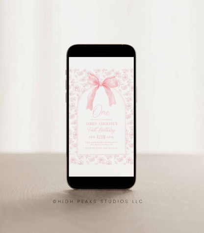 Vintage Dusty Pink Bow Floral Toile Birthday Invitation by High Peaks Studios