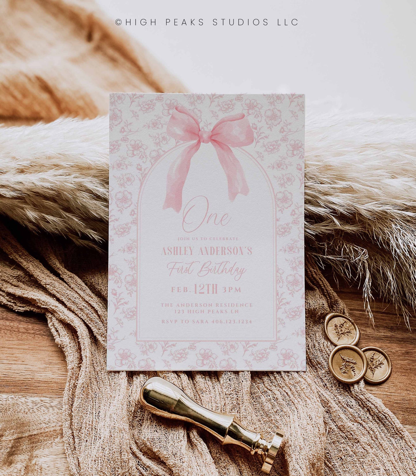 Vintage Dusty Pink Bow Floral Toile Birthday Invitation by High Peaks Studios