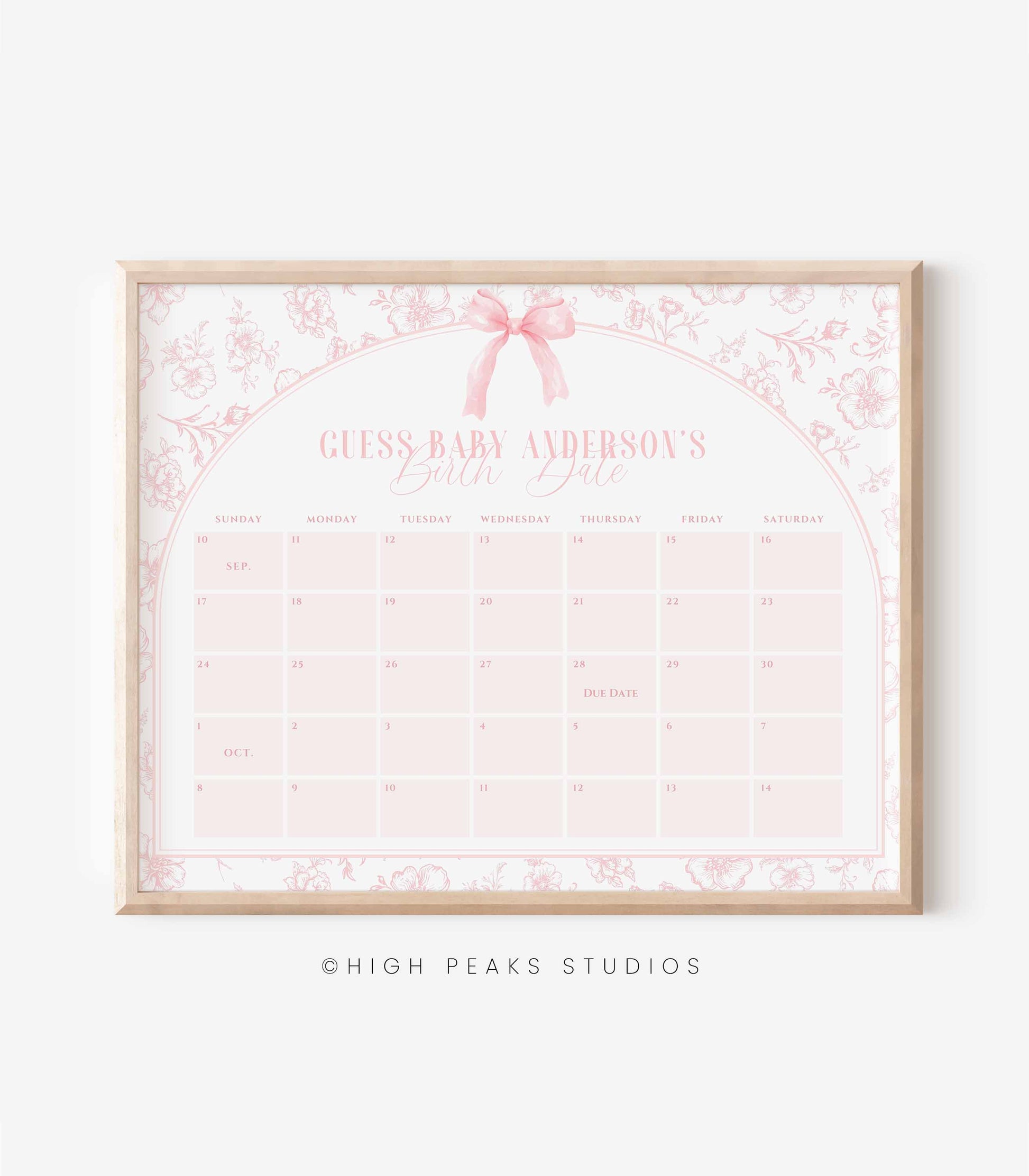 Guess Baby's Birth Date Pink Bow Sign by High Peaks Studios